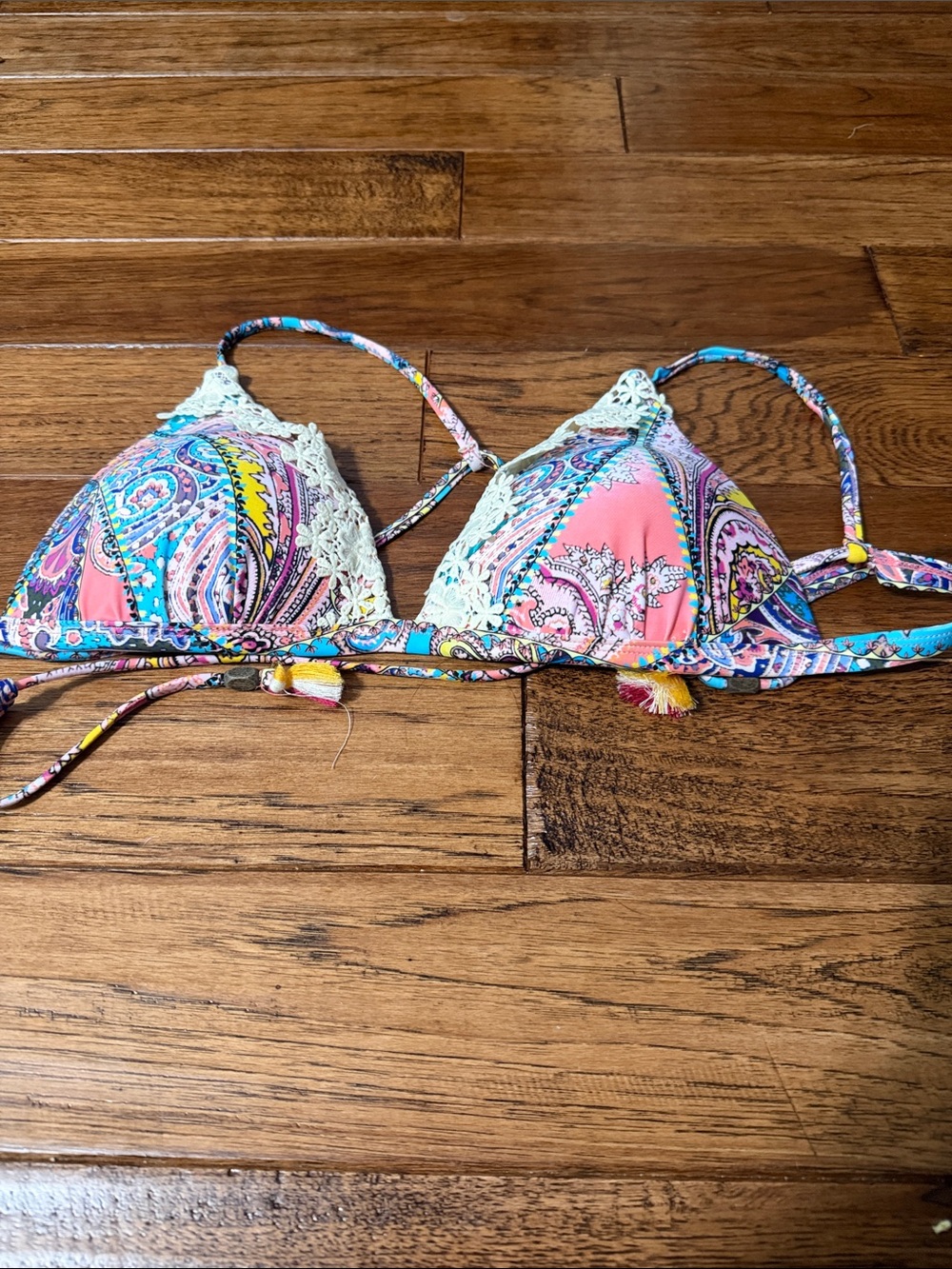 Paisley Coral Triangle Bikini Top with Lace Trim
